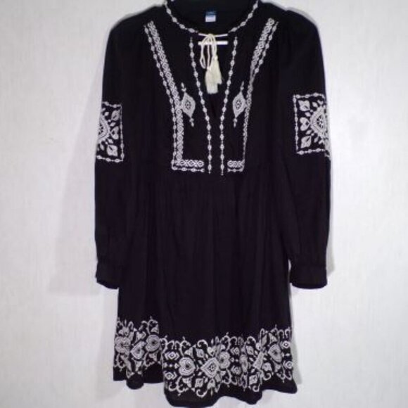 Old Navy Womens Long Sleeve Swing Short Dress XS Petite Black Embroidered Boho - Picture 1 of 6